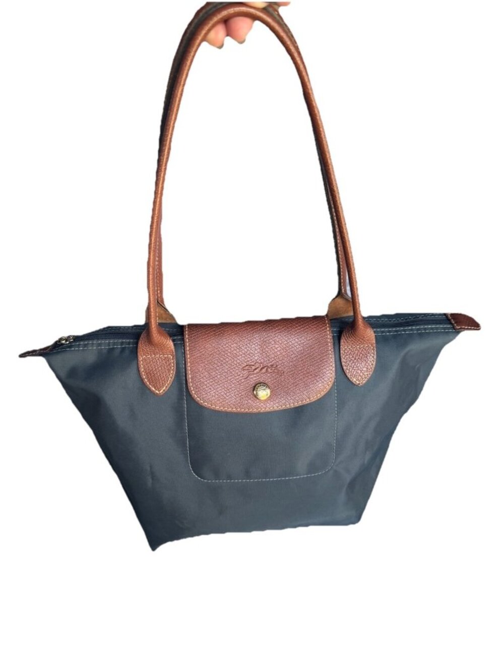 Longchamp Le Pliage Original Tote Bag Medium Gray Canvas Brown Leather